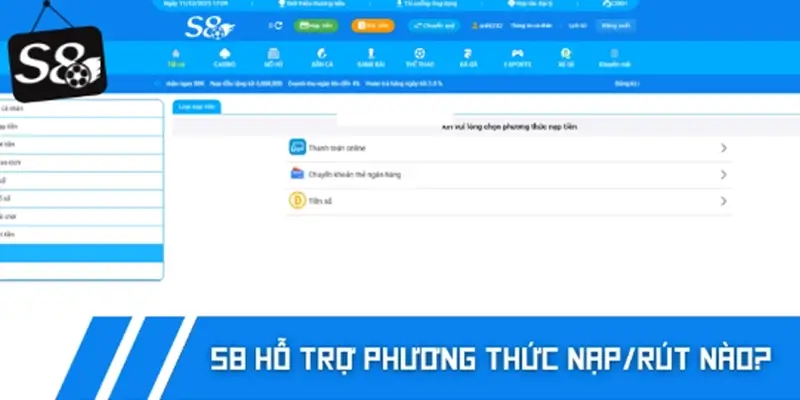 S8 đang hỗ trợ phương thức nạp/rút nào?
